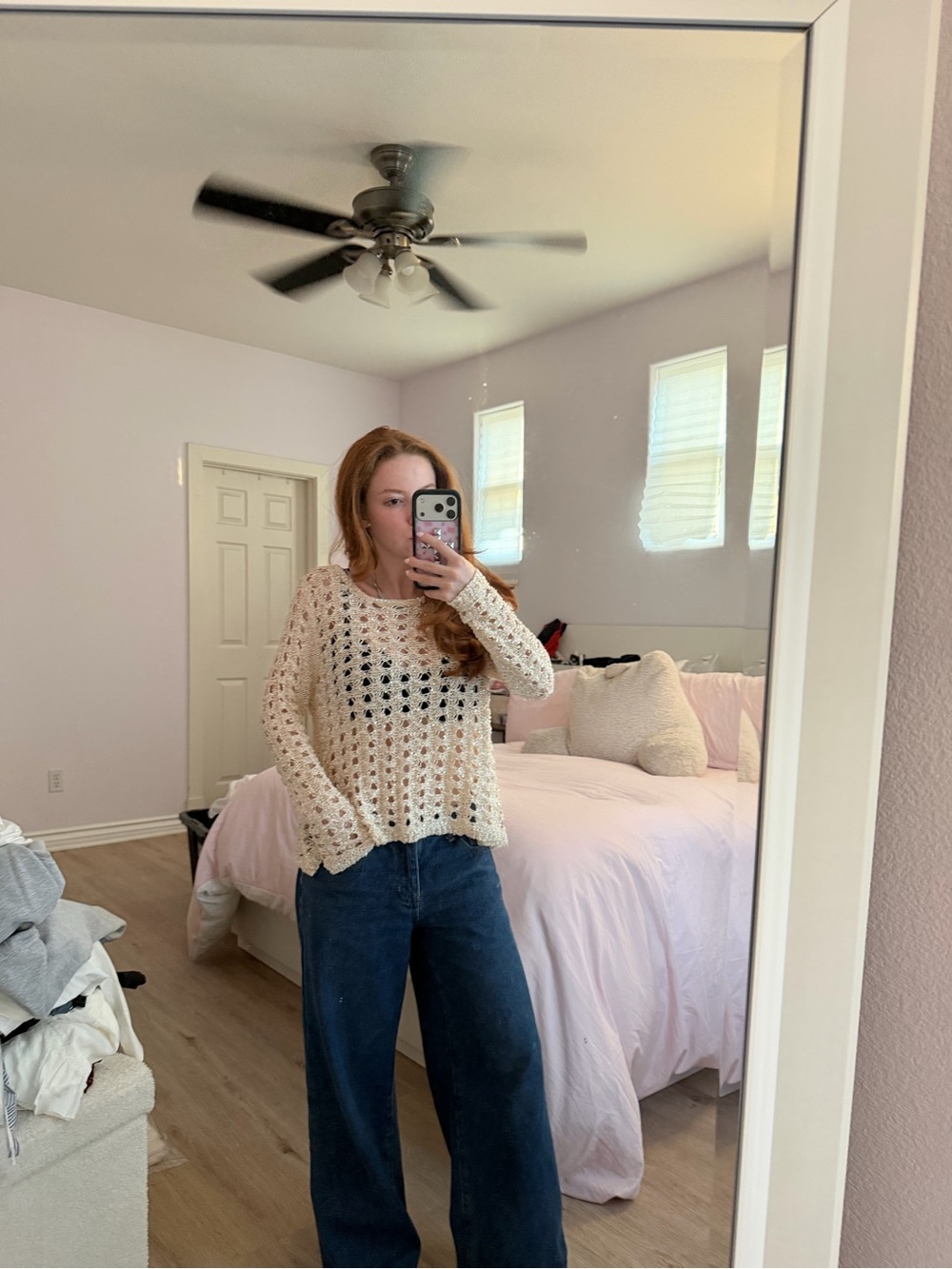 Papaya Cream Open-Knit Scoop Neck Sweater